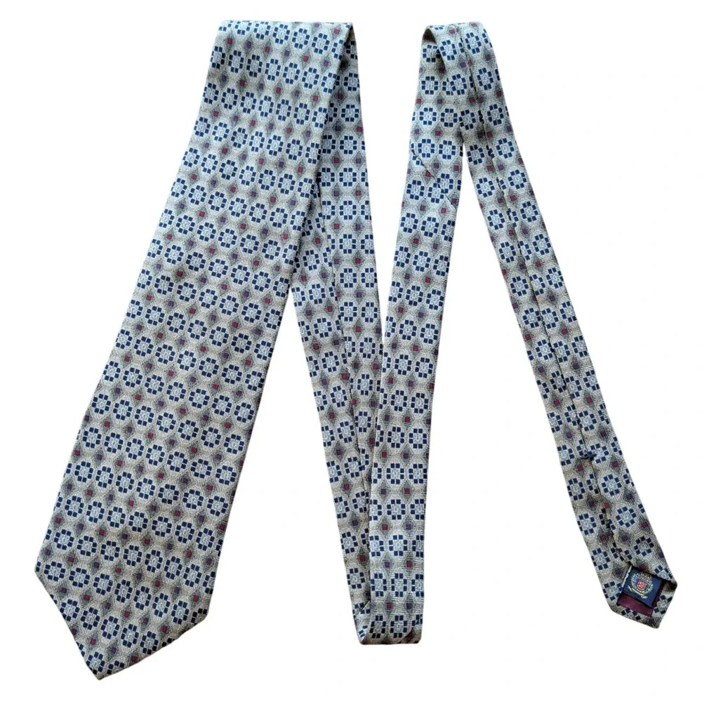 VTG Chaps‎ Ralph Lauren Men's Silk Necktie Geometric Pattern Tan Blue Red